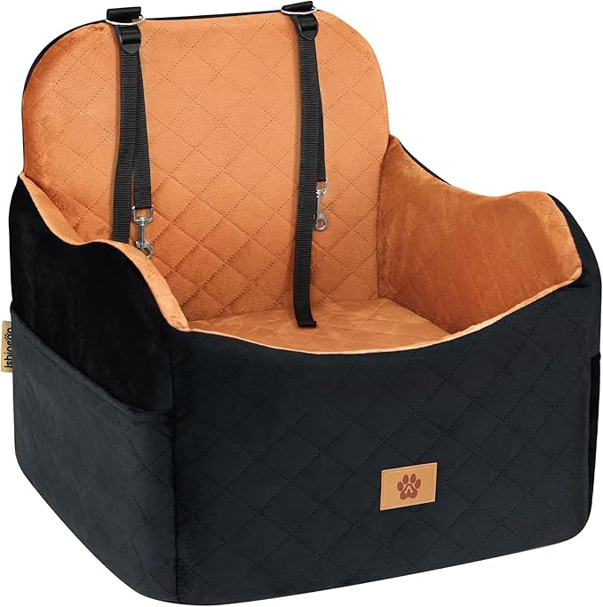 Car Seat Booster for Dog: High-Support Memory Foam Pet Car Seat for Small/Medium Dogs Under 35lbs with Elevated Cushion,Pockets - Detachable Washable Puppy Travel Bed for Driving(Black/Brown)-PawvioPets