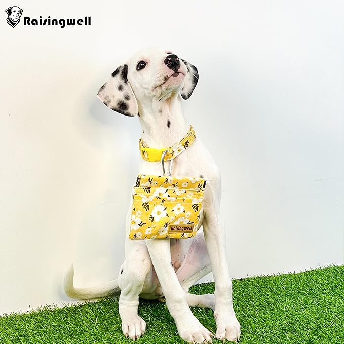 Dog Treat Pouch, Pocket Sized Pet Training Pouch, Cotton Fabric, Hand Free Yellow Flower Dog Walking Bag with Carabiner, Self-Closing Pet Feed Snack Reward, for Puppy Travel or Outdoor Use-PawvioPets