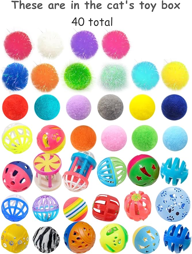 40-Piece Cat Toy Variety Pack for Indoor Cats and Kittens, Bouncy Paws (1.5'' - 2.2'', Cat Toys Deluxe Pack)-PawvioPets