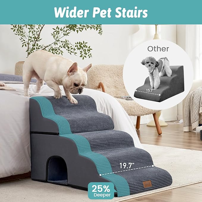 Extra Wide Dog Stairs with Tunnel, Detachable Large Pet Step for Small Medium Dog, Puppy or Cat, Ramp for High Bed, Couch, Sofa or Car, Stable, 19.7x33x22.4 inch, 5 Step, Dark Grey-PawvioPets