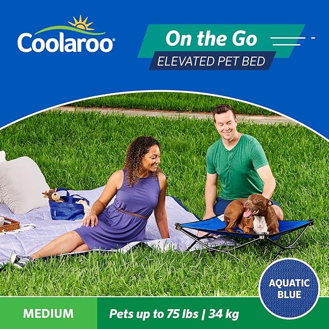Coolaroo On-The-Go Elevated Dog Bed - Foldable Pop-Up Travel Dog Bed with Breathable, Moisture-Resistant Fabric, Carry Bag Included, Lightweight & Portable, Aquatic Blue, Medium-PawvioPets