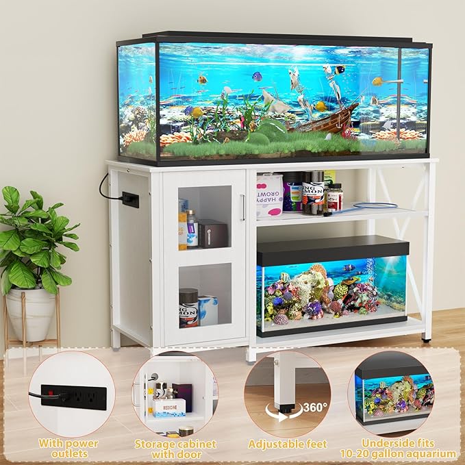 55-75 Gallon Fish Tank Stand with Cabinet, Aquarium Stand for Fish Tank Accessories Storage, Heavy Duty Metal Terrarium Stand, 52" L*19" W Tabletop, 1200LBS Capacity, White-PawvioPets