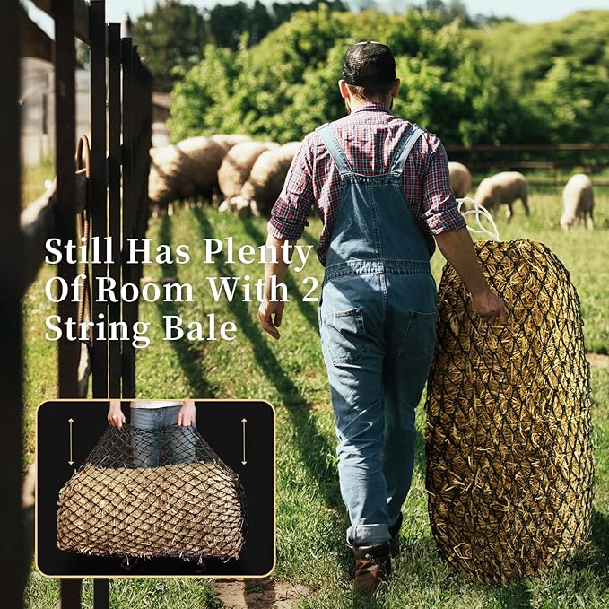 Bloomoak Slow Hay Net Feeder for Horses, Durable Soft Black PE 2/3 String Hay Bales Bags, Fit 36x18x18 to 47x25x17 Inches, Extends 50-64 Inches (2 1.6" Hole/2PC)-PawvioPets