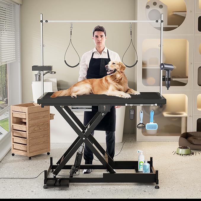 Electric Pet Grooming Table for Large Dogs - Professional Heavy Duty Height Adjustable Pet Grooming Station with Anti Slip Tabletop, Two Nooses & Tool Organizer, Maximum Capacity Up to 250 lbs Black-PawvioPets