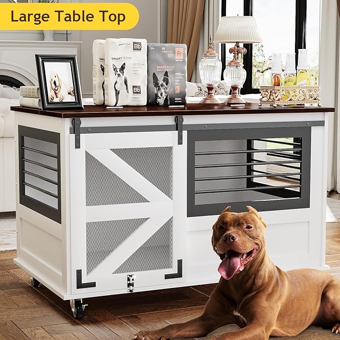 47 inch XL Dog Crate Furniture with Top-Access Teasing/Feeding Doors, Farmhouse Wooden Decorative Dog Crates with Wheels, Chew-Resistant Dog Crates End Table for Medium&Large Dogs, White-PawvioPets
