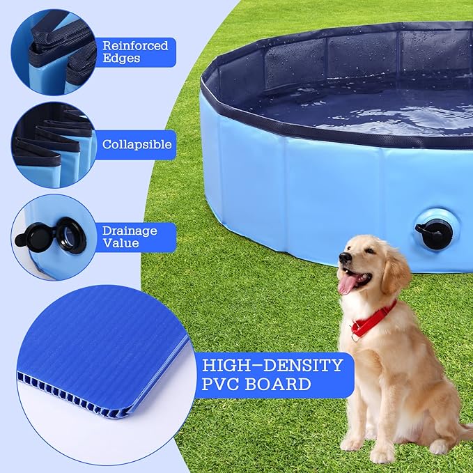 Foldable Dog Bath Swimming Pool Plastic Kiddie Pool Professional Tub Collapsible Grooming Bathtub for Pets Kids Baby and Toddler, 87 x 12 Inches Blue-PawvioPets