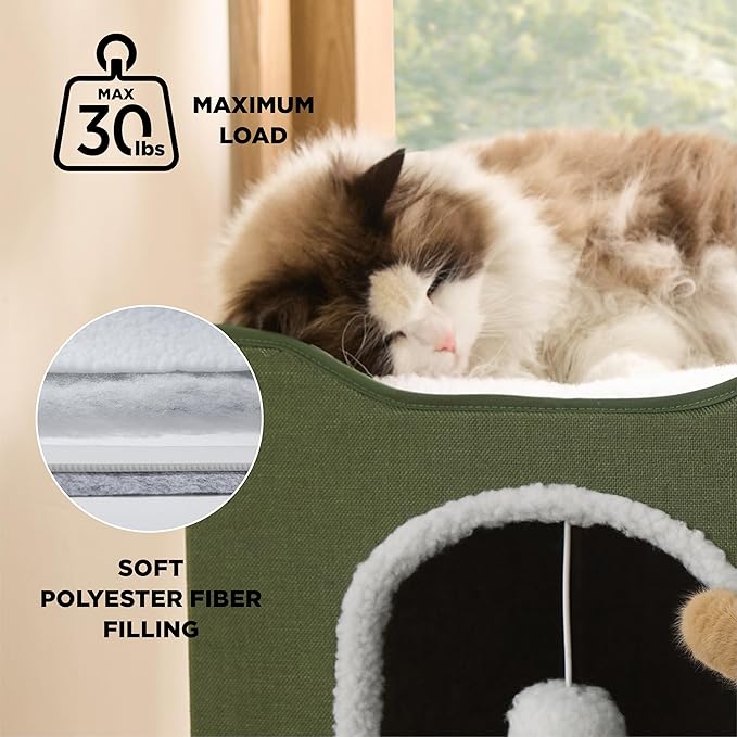 Bedsure Cat Beds for Indoor Cats - Large Cat Cave for Pet Cat House with Fluffy Ball Hanging and Scratch Pad, Foldable Cat Hideaway, 16.5x16.5x13 inches, Loden Green-PawvioPets