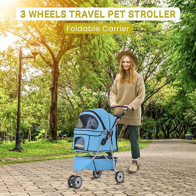 Foldable Pet Stroller for Cats and Dogs 3 Wheels Carrier Strolling Cart with Weather Cover, Mesh Panels，Storage Basket Cup Holder，Blue-PawvioPets