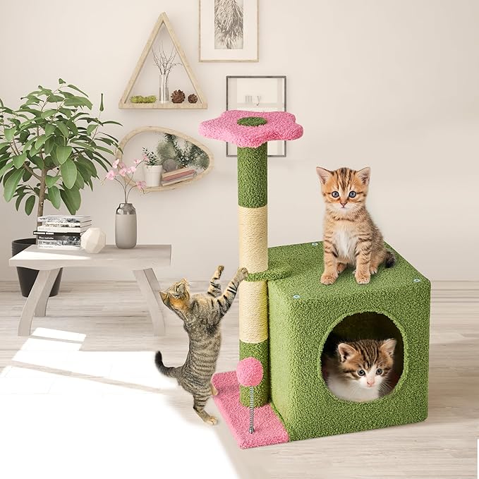 24 Inch Cat Tree Condo for Indoor Cats with Floral Sisal Scratching Post, Plush Hang Ball Play Furniture for Kittens Cats, Pink-PawvioPets