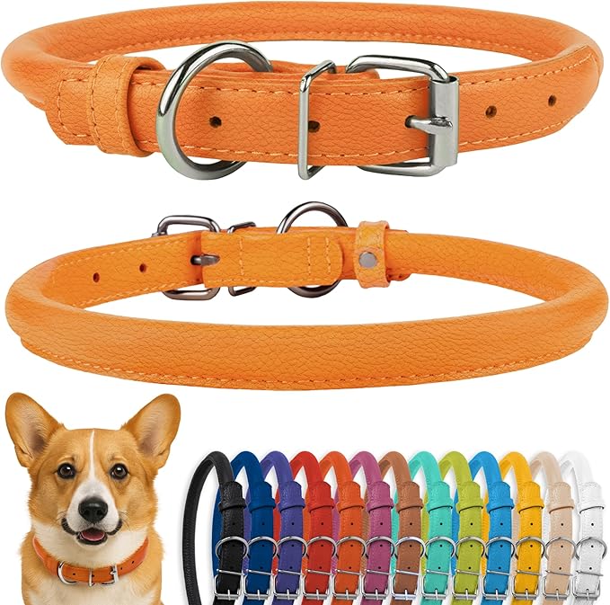 CollarDirect Rolled Leather Dog Collar, Soft Padded Round Puppy Collar, Handmade Genuine Leather Collar Dog Small Large Cat Collars 13 Colors (11-14 Inch, Orange Textured)-PawvioPets