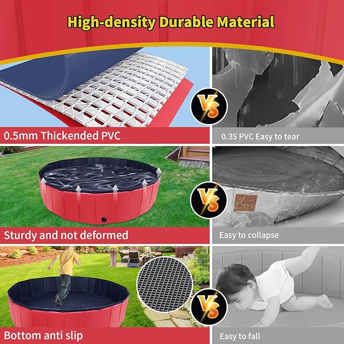 Foldable Dog Pool, 39" x 12" Kiddie Pool with Hard Plastic, Non-Slip Dog Bath Tub for Outdoor Backyard, Collapsible Dog Swimming Pool for Kids Dogs Pets (Red)-PawvioPets
