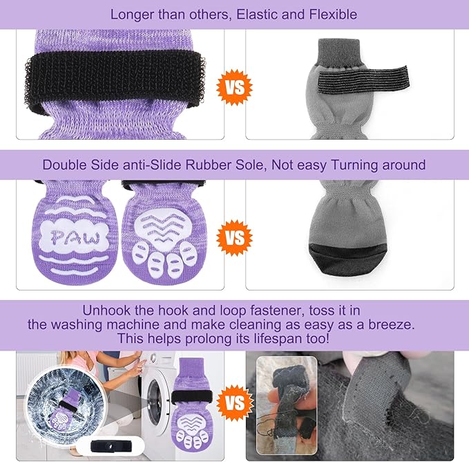 BEAUTYZOO Anti Slip Dog Socks for Small Medium Large Dogs with Grips Straps on Hardwood Floor Protection Wear, Traction Control 4 Pairs Double Side Paw Protector to Prevent Licking for Girl or Boy-PawvioPets