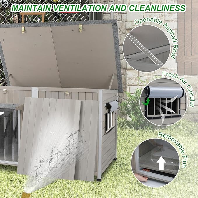 Dog House Outdoor Weatherproof & Wooden Dog Kennel with Chew-Proof Iron Frame，Removable Floor, Adjustable Vent Window, Easy Assembly for Large and Extra-Large Dogs 55.1" D x 33.1" W x 34.8" H-PawvioPets