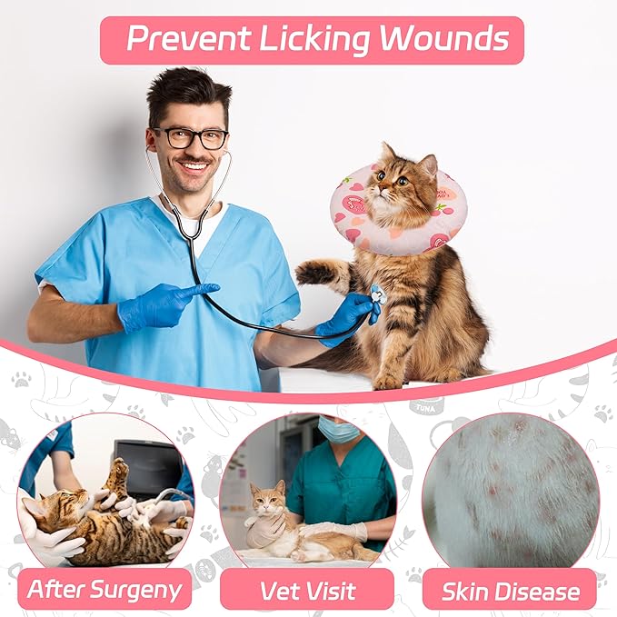Cat Cone Soft Collar, Adjustable Cat Recovery Collar for Small Medium Large Cats, Cute Donut E Collar After Surgery, Anti-Lick Wound Healing Elizabethan Collar for Kittens (Pink Heart, Large)-PawvioPets