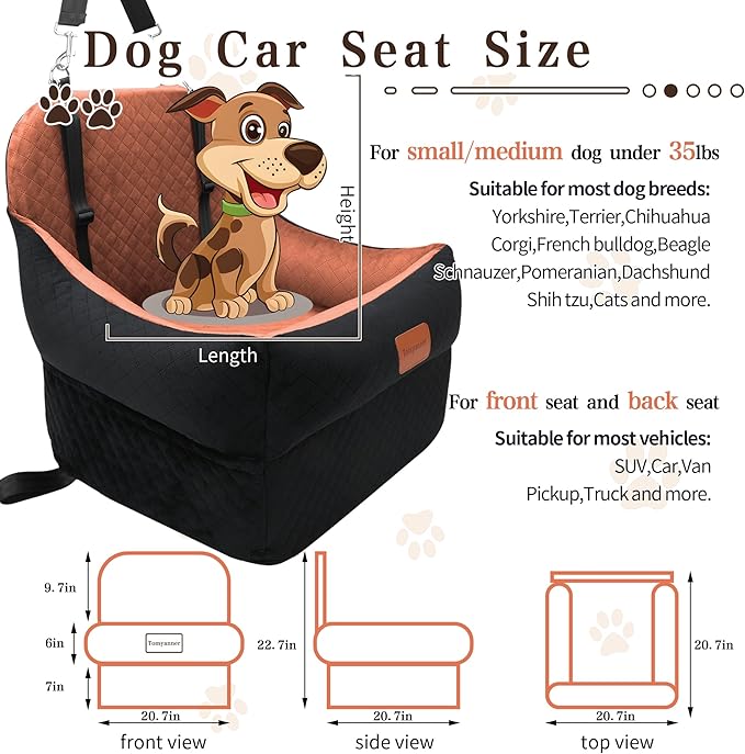 Dog Booster Car Seat for Small/Medium Dogs up to 30 lbs,Interior 7 Inches Elevated Pet Booster Seat,Ultra Soft Fabric and Memory Foam Car Dog Bed,Safety,Comfy,Fully Detachable Washable(H-Black/Brown)-PawvioPets