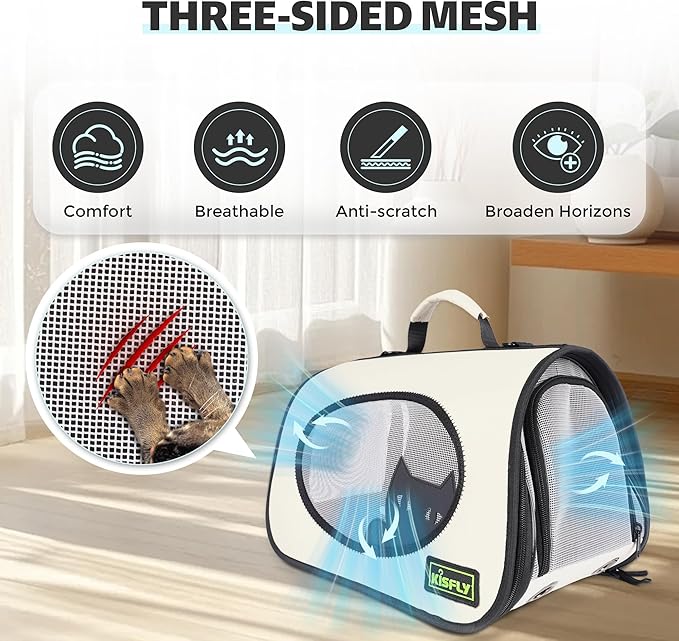 Cat Carrier Purses for Women, Airline Approved Pet Travel Bag for Cats, Kittens, Rabbits up to 10 lbs - Collapsible, Soft-Sided,16x10x10 in, Breathable Mesh with Kitty Pattern, Collar and Leash, Cream-PawvioPets