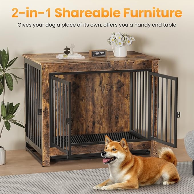 Dog Crate Furniture, Dog Crate End Table for Medium and Large Dogs,Wooden Cage Kennel Furniture Indoor, Modern Dog Crate with Multi-Purpose Removable Tray, Double-Doors Dog Furniture-PawvioPets