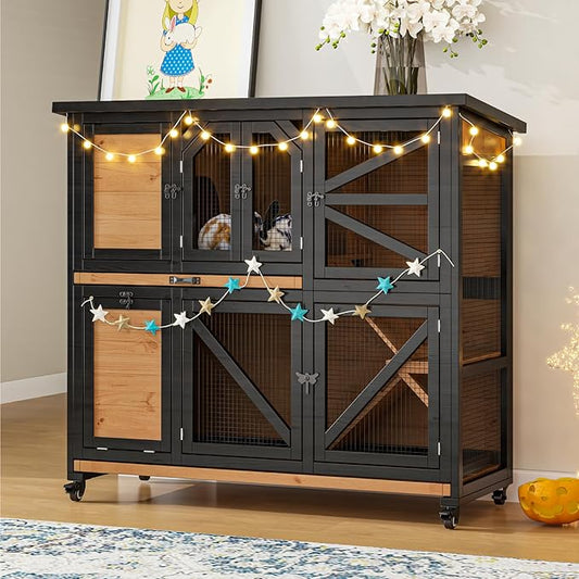 47.3" Two Story Rabbit Cage Bunny Cage Indoor, Wooden Rabbit Hutch Hamster Cages for Small Animals, Outdoor Guinea Pig Cages with Wheels & 2 Removable Trays & Bottom Wire Mesh-PawvioPets