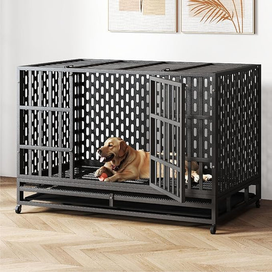 48/42 Inch Heavy Duty Indestructible Dog Crate Steel Escape Proof, Indoor Double Door High Anxiety Cage, Kennel with Wheels, Removable Tray, Extra Large XL XXL-PawvioPets
