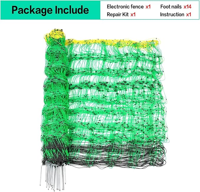 Electric Fence Netting, 49.6" H x 164' L, PE Net Fencing Kit with 14 Posts Double Spiked, Utility Portable Mesh for Sheep Hogs Goats Deer Dogs Lambs Used in Backyards Farms Ranches Patio, Green-PawvioPets