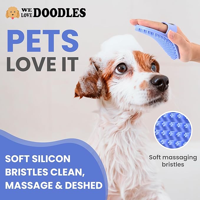 Dog Grooming Bath Brush, Pet Rubber Brush For Shower Scrubbing & Soothing Massage, Ideal for Long & Short Haired Dogs and Cats, Essential Puppy Grooming Accessories, Short Pins [We Love Doodles]-PawvioPets