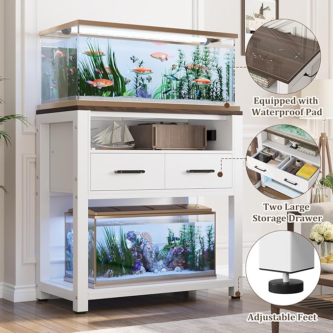 20-29 Gallon Aquarium Stand with Stable Metal Frame & Power Outlet, Heavy-Duty Fish Tank Stand with Waterproof Mat, 550LBS Capacity Storage Cabinet, White+Brown-PawvioPets