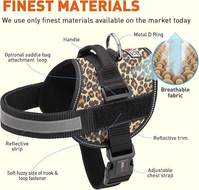 Dogline Dog Harness, Reflective No-Pull Adjustable Vest with Handle for Walking, Training, Breathable, No - Choke Harness for Small, Medium or Large Dogs Room for Patches Leopard Brown S 18"-24"-PawvioPets