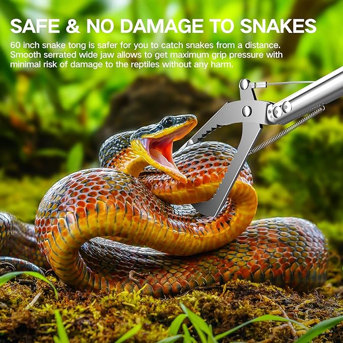 60“ Snake Tongs Collapsible Grabber, Professional Reptile Snake Catcher Wide Jaw Handling Tool, Stainless Steel Snake Hook-PawvioPets