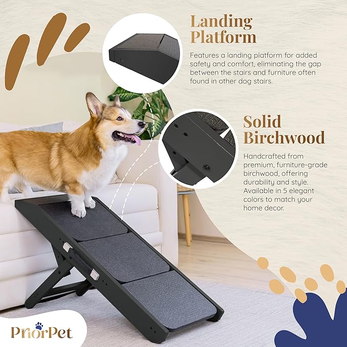 Dog Steps for Bed & Couch 2-in-1 Dog Stairs/Ramp - Height Adjustable Dog Ramp for Couch 7” - 20” - Pet Stairs, Dog Stairs for Small Dogs - Easy to Move Pet Steps with Landing Platform, Black-PawvioPets