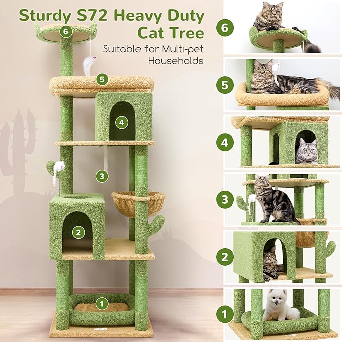 Globlazer Heavy Duty Cactus Cat Tree for Large Cats, Sturdy 72in Maine Coon Cat Tree for Large Cats 20 lbs+ Cactus Cat Tower for Adult Biggest Cats with 6 Scratching Posts, Hammock, S72, Green-PawvioPets