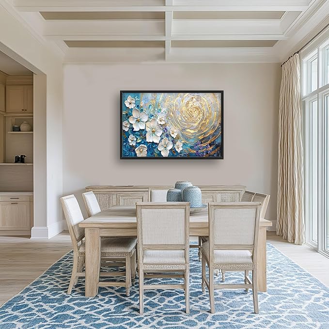 Flower Large Wall Art White Floral Pictures Abstract Golden Spiral Texture Wall Decor Canvas Print Painting Artwork for Bathroom Living Room Bedroom 36L" x 24W"-PawvioPets