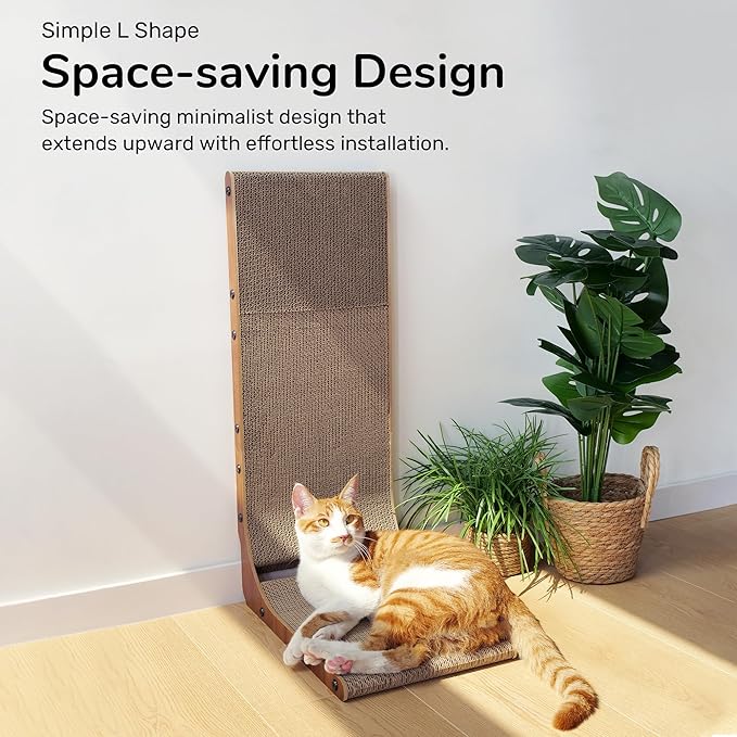 FUKUMARU Cat Scratcher, 26.8 Inch Cat Scratch Pad for Indoor Cats, L Shaped Cardboard Vertical Cats Scratching Board with Ball Toy, Walnut Color, 1 Pack-PawvioPets
