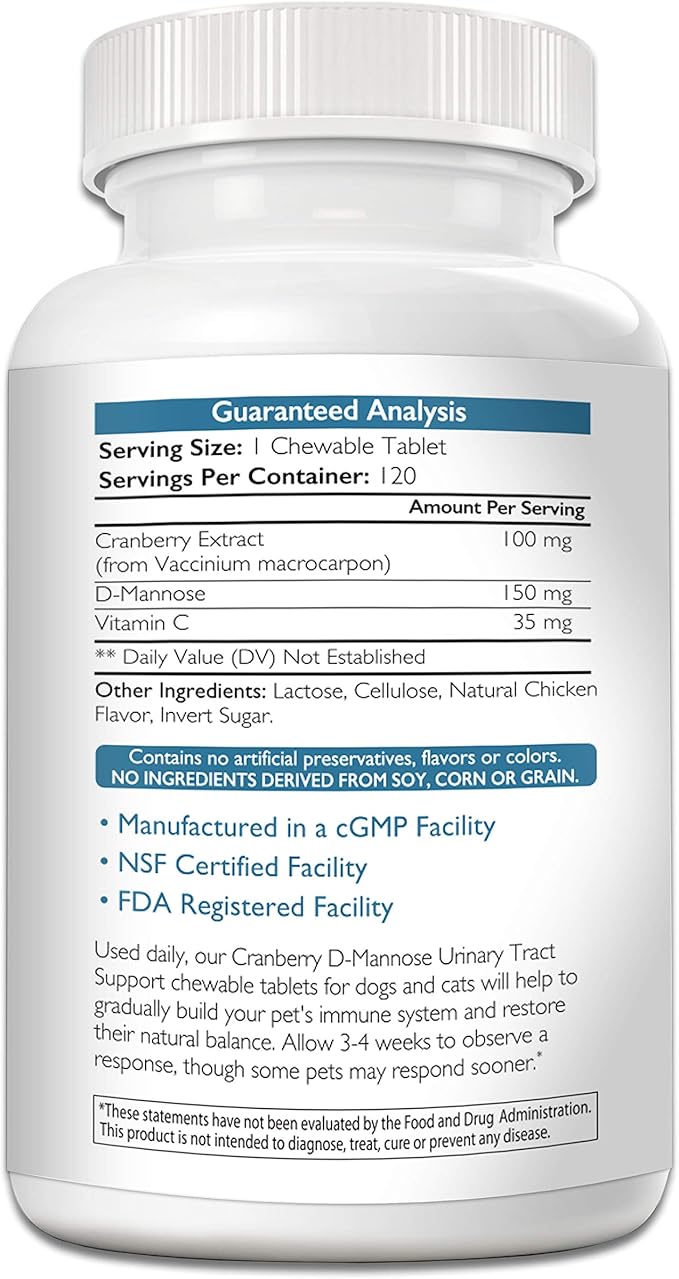 Cranberry D-Mannose for Dogs, Support for Bladder & UTI, Pet Urinary Tract + Immune Health Supplement, Cranberry for Dogs with D-Mannose & Vitamin C, 150 Chewable Tablets-PawvioPets