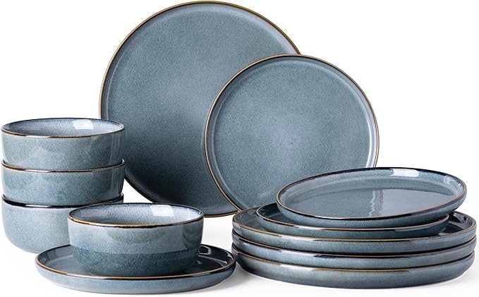 GBHOME Ceramic Dinnerware Sets for 4, 12 Pieces Stoneware Plates and Bowls Sets, Reactive Glaze Dishes -Scratch Resistant, Dishwasher&Microwave Safe, Space Blue-PawvioPets
