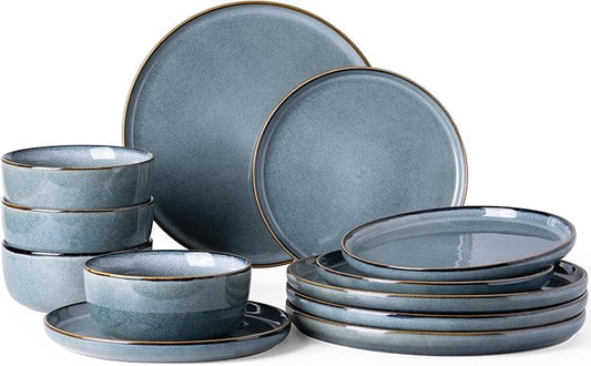 GBHOME Ceramic Dinnerware Sets for 4, 12 Pieces Stoneware Plates and Bowls Sets, Reactive Glaze Dishes -Scratch Resistant, Dishwasher&Microwave Safe, Space Blue-PawvioPets
