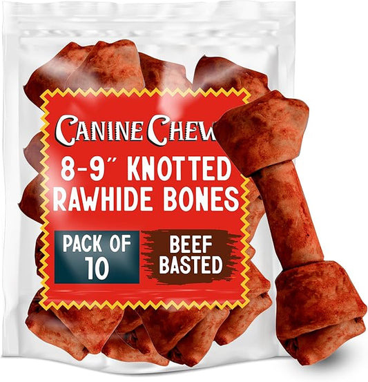 Canine Chews 8-9 Inch Beef Basted Knotted Rawhide Bones for Large Dogs - Durable Rawhide Bones for Medium and Large Dogs - Long Lasting Dog Rawhide Bones with for Aggressive Chewers - 10 Pack-PawvioPets