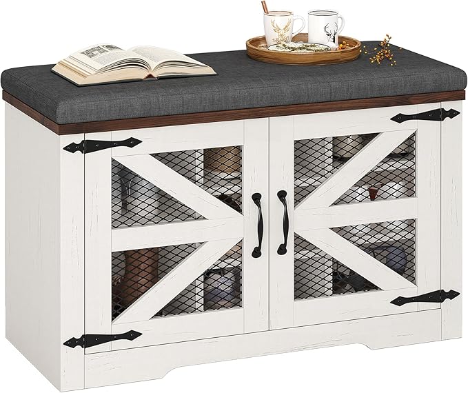 Farmhouse Storage Bench with Cushion, Metal and Wood Shoe Rack Organizer, Adjustable Shelf, Shoe Cabinet with Half Hidden Storage Space, for Entryway, Bedroom, Living Room (Old White, 31.4in)-PawvioPets