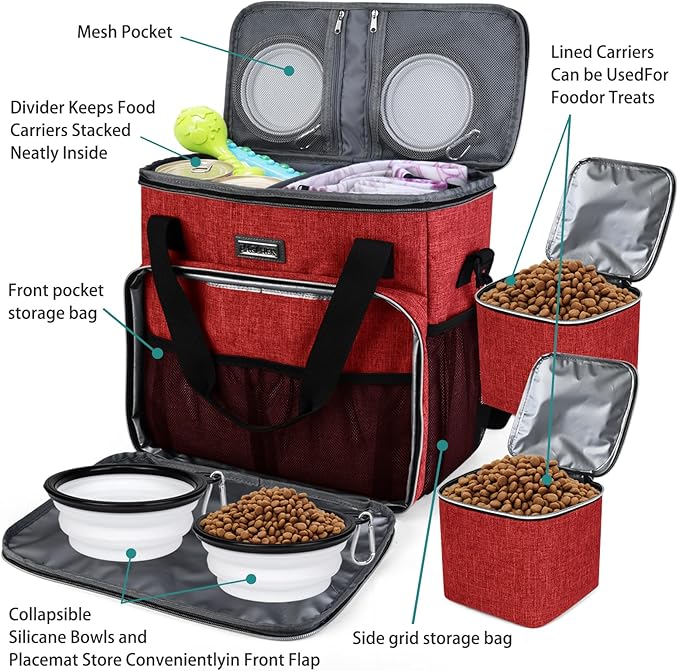 BAGLHER Dog Travel Bag, Pet Travel Bag (ALL Pet Travel Supplies), With 2 Pet Food Containers and 2 Collapsible Silicone Bowls; Essential Kits for Pet Travel Red-PawvioPets