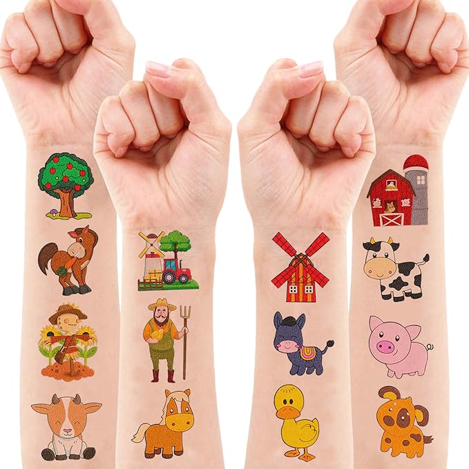 72 PCS Farm Barnyard Animal Pre-Cut Temporary Tattoos Sticker Birthday Decorations Party Supplies Favors Gift Boy Girl Farmhouse Cow Chicken Tattoo School Reward Themed (Normal)-PawvioPets