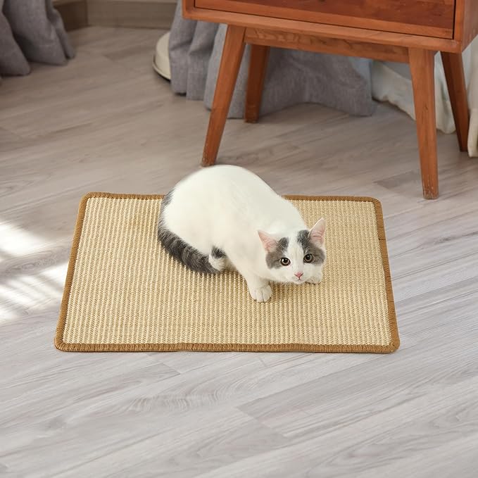 FUKUMARU Cat Scratcher Mat, 23.6 X 15.7 Inch Natural Sisal Cat Scratch Mats, Horizontal Cat Floor Scratching Pad Rug with Sticky Tapes, Protect Sofa and Carpet-PawvioPets