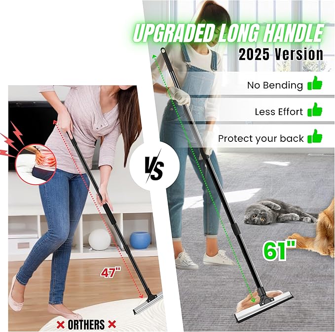 2025 Dual-Edge Carpet Rake for Pet Hair Removal & Fluffing Matted Carpet – 61" Adjustable Handle, Deep Clean Dog & Cat Hair Remover, Reusable Scraper for Rugs, Low Pile Carpet, Couch & Stairs-PawvioPets