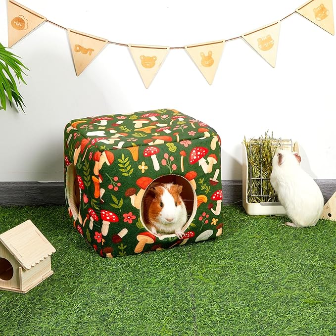 Bienbee Guinea Pig Hideout, Washable Guinea Pigs House Cozy Guinea Pigs Bed for Small Pet Bunny/Rabbit/Hamster/Chinchilla Guinea Pig Accessories Green Mushroom-PawvioPets