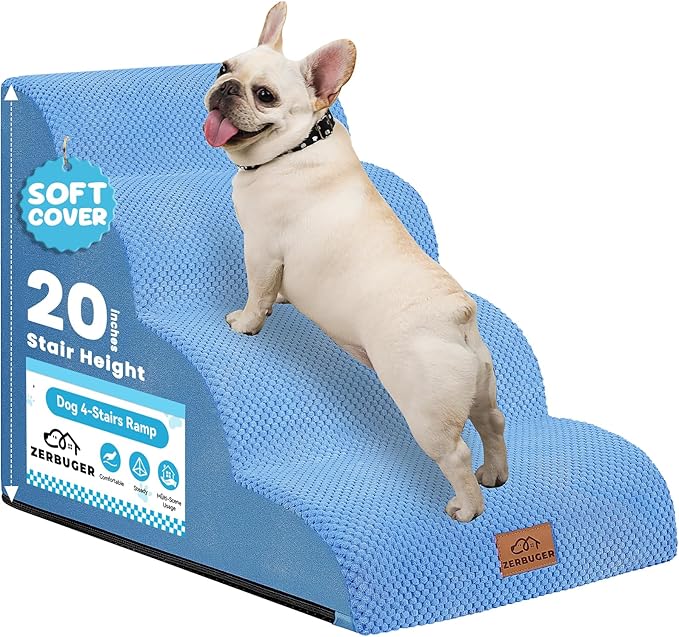 Dog Ramp and Stair for Bed 16" H-20 H,3-Step Cat Stair for Sofa and Chair,4-Step Dog Ramp for High Bed and Window,Durable Nonslip Fabric Cover for Indoor (Blue-20“H, Pet Friendly, 4)-PawvioPets
