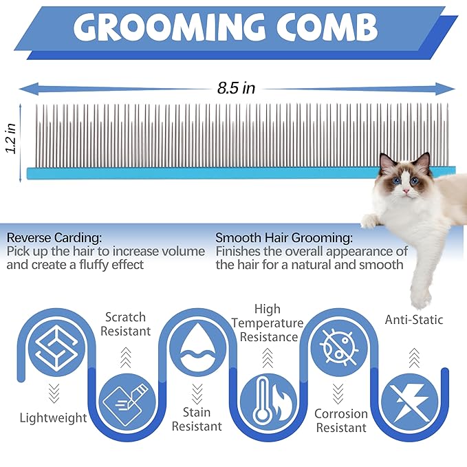 8.5 Inch Upgrade Blue Professional Pet Comb,Dual-Tooth Grooming Comb Anti-Static Smooth Rounded Corners Prevent Friction Breakage and Irritation,Removing Excess Hair for Long-Haired Cats and Dog-PawvioPets