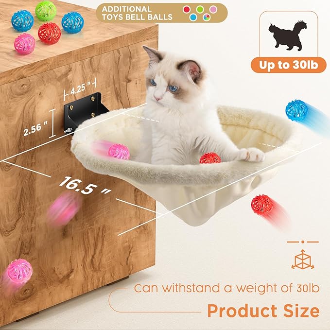 Cat Hammock Wall Mounted, Foldable & Stable Cat Beds- Breathable Cats Wall Shelves for Sleeping, Playing, Climbing, and Lounging - Maximum Hold Up to 30lb（Cream,Faux Rabbit Fur）-PawvioPets