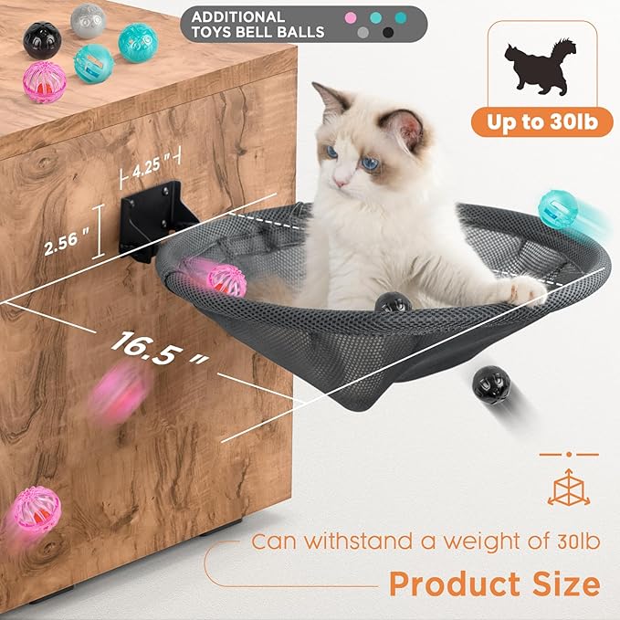 Cat Hammock Wall Mounted, Foldable & Stable Cat Beds- Breathable Cat Wall Shelves for Sleeping, Playing, Climbing, and Lounging - Maximum Hold Up to 30lb (Gray)-PawvioPets