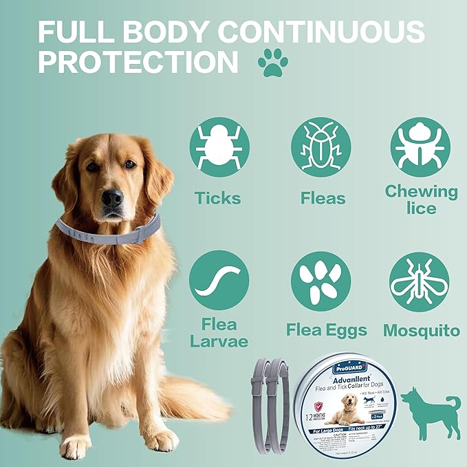 Flea Collar for Dogs, Flea and Tick Prevention for Dogs Collar, Dog Flea and Tick Treatment, 2 Collars, 12 Months Prevention, One Size Fits All-PawvioPets