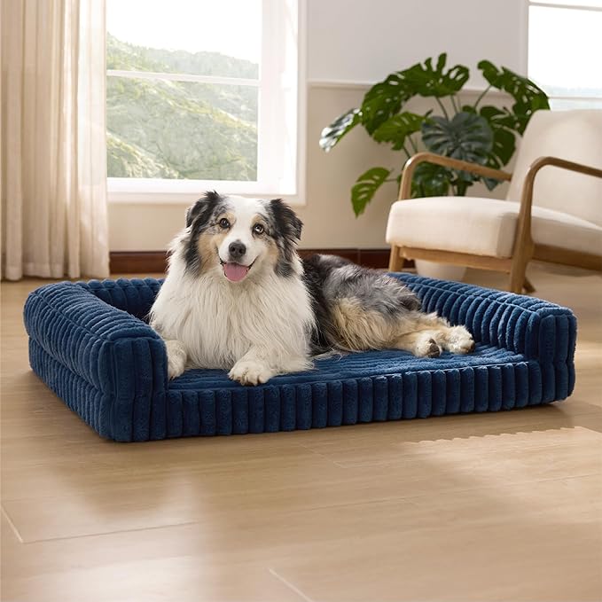 Bedsure Orthopedic Dog Beds for Extra Large Dogs, Waterproof Memory Foam XL Pet Bed with Sides, Non-Slip and Egg-Crate Foam Big Dog Couch Sofa with Washable Removable Corduroy Cover, Blue-PawvioPets
