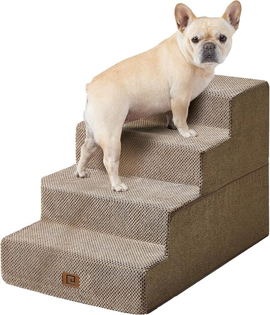 EHEYCIGA Dog Stairs for Bed 20" H, 4-Step Extra Wide Dog Steps for High Bed, Pet Steps for Small Dogs and Cats, Non-Slip Balanced Pet Ramp Indoor, Camel-PawvioPets