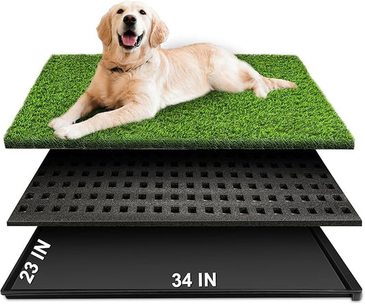 Dog Grass Pad with Tray, 34''X23'' Large Artificial Turf Grass Potty, Reusable Puppy Pee Pads for Dogs, Portable Dog Litter Box for Indoor/Outdoor Potty Training Toilet-PawvioPets